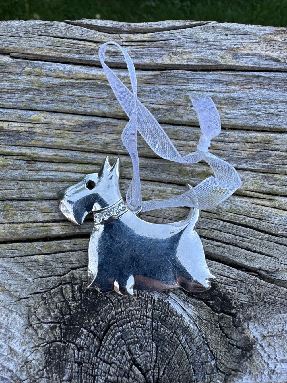 Silver Scottie Dog Ornament with Ribbon